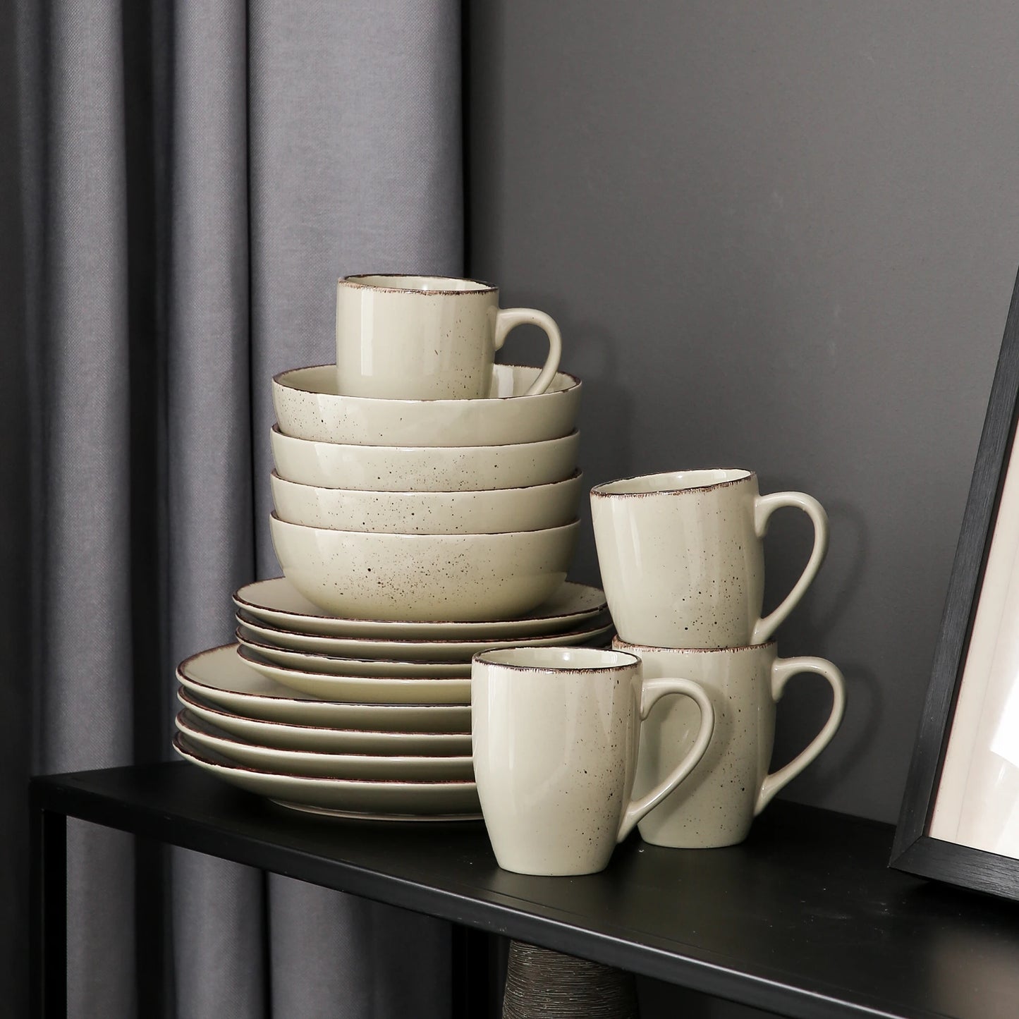 Vancasso 4/8/16-Piece Ceramic Beige Stoneware Dinnerware Set with Dinner Plate, Dessert Plate, 800ml Bowl, Mug Tableware Set