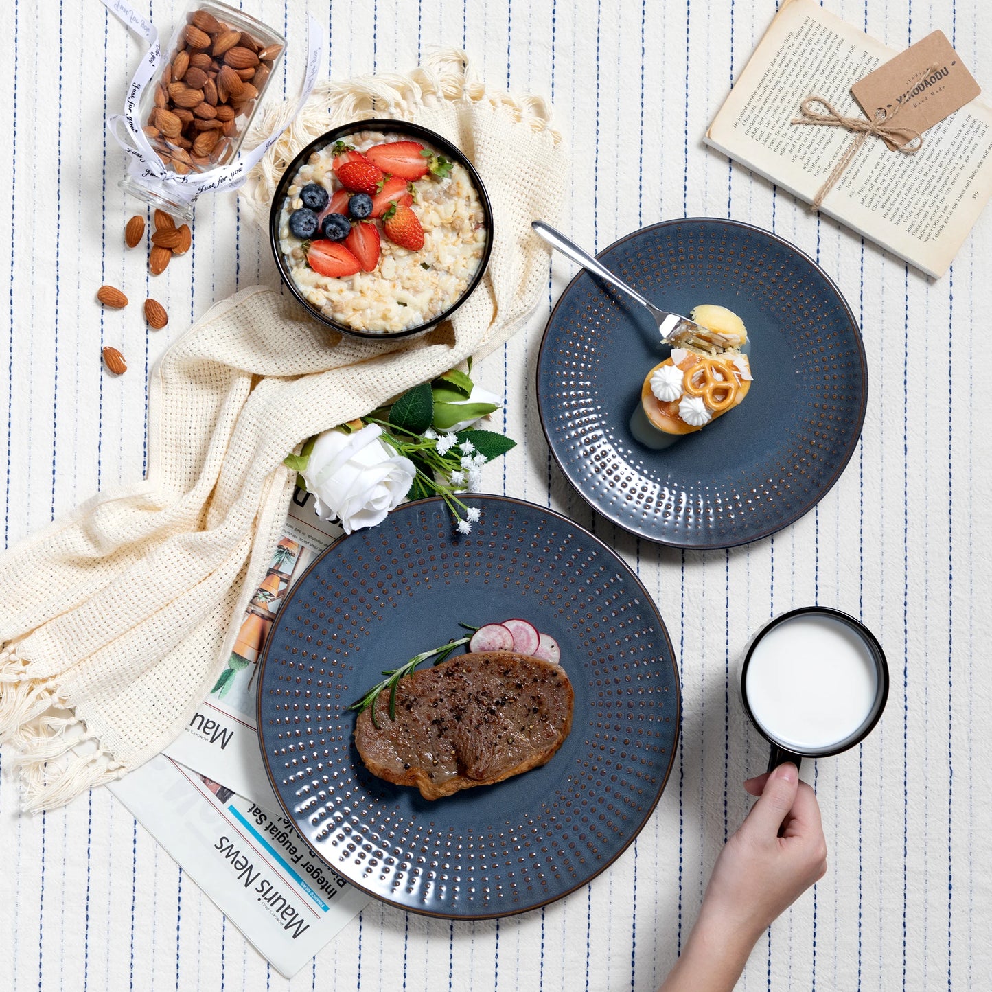 Vancasso 4-32 Piece Embossed Relief Stoneware Tableware Set with Dinner/Dessert Plate/Soup Bowl/Mug Service for 4/8/12