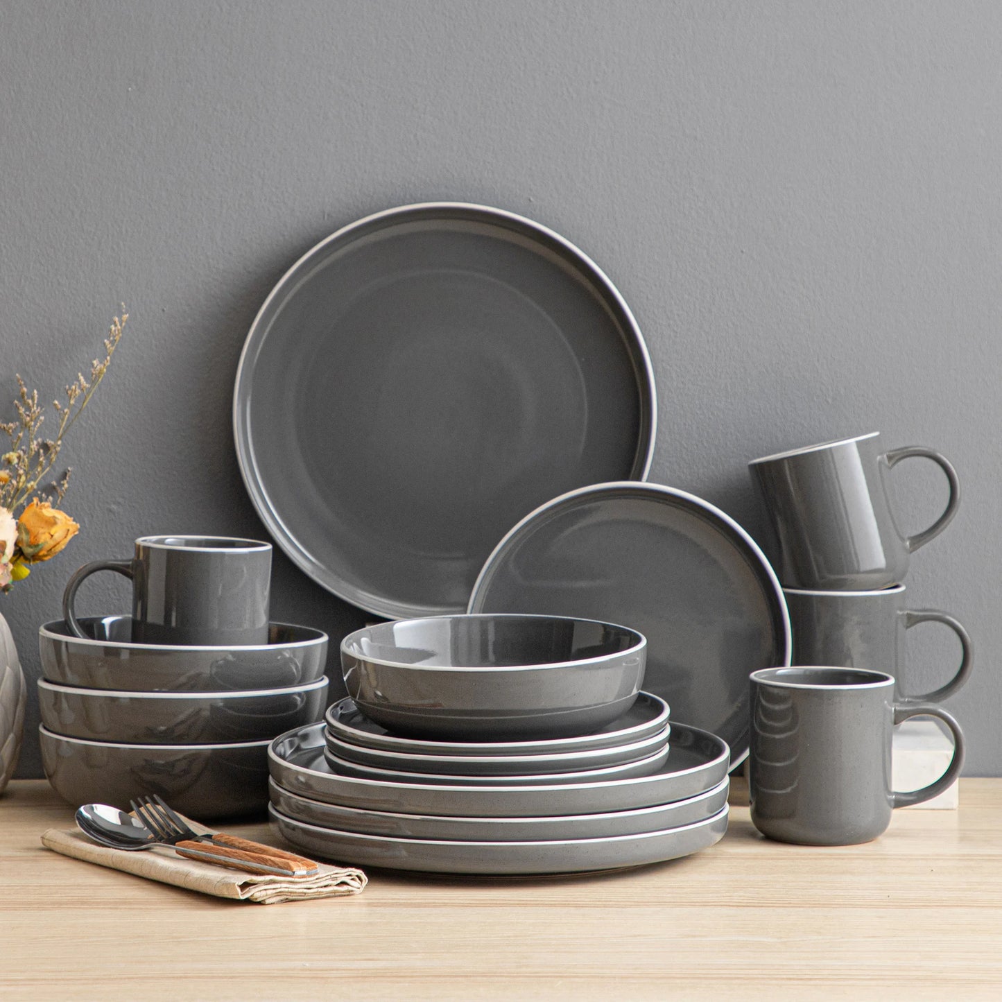 Vancasso 4-16 Piece Grey Stoneware Set Sesame Glaze Ceramic Dinnerware Set with Up To 4PCS Dinner/Dessert Plate/Soup Bowl/Mug