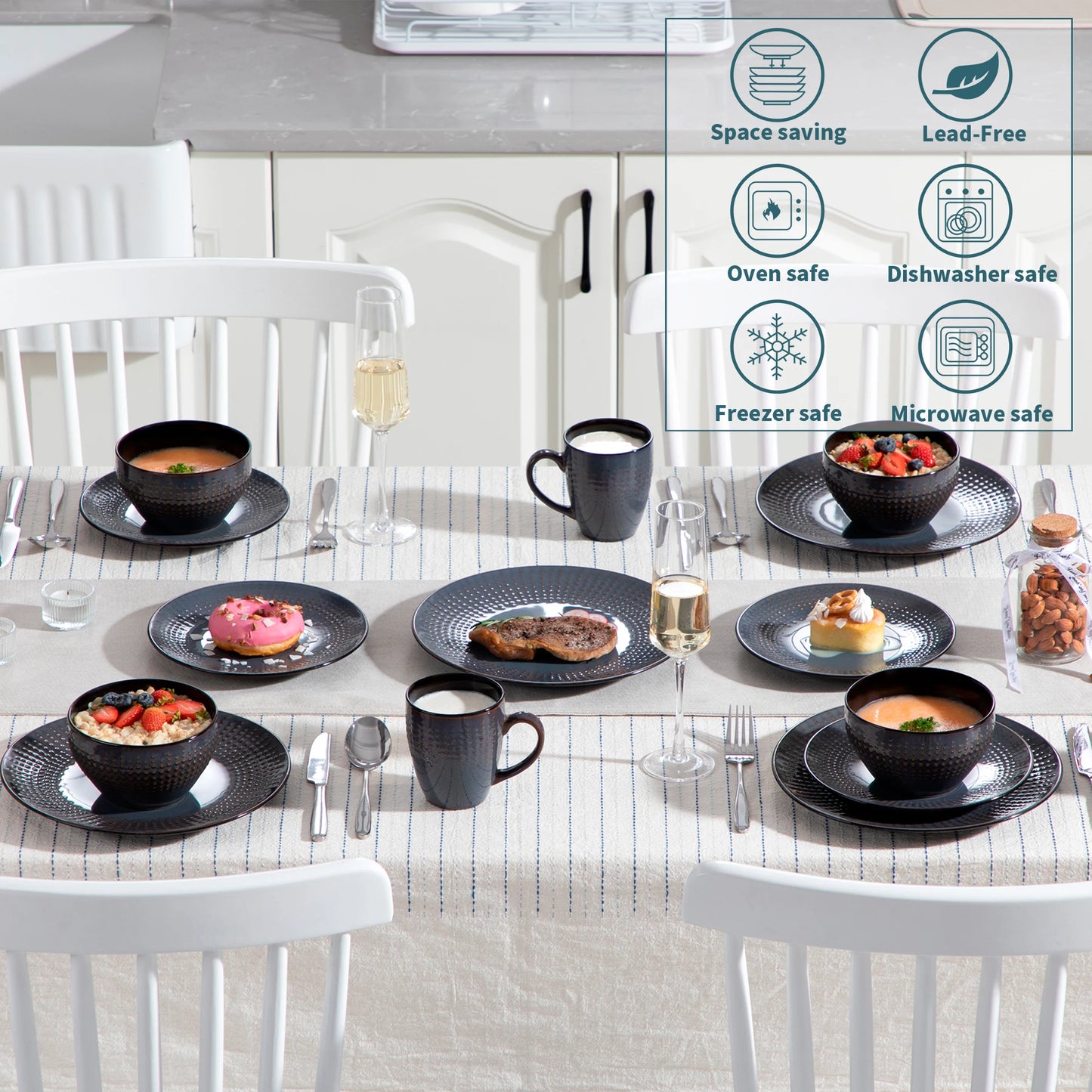 Vancasso 4-32 Piece Embossed Relief Stoneware Tableware Set with Dinner/Dessert Plate/Soup Bowl/Mug Service for 4/8/12