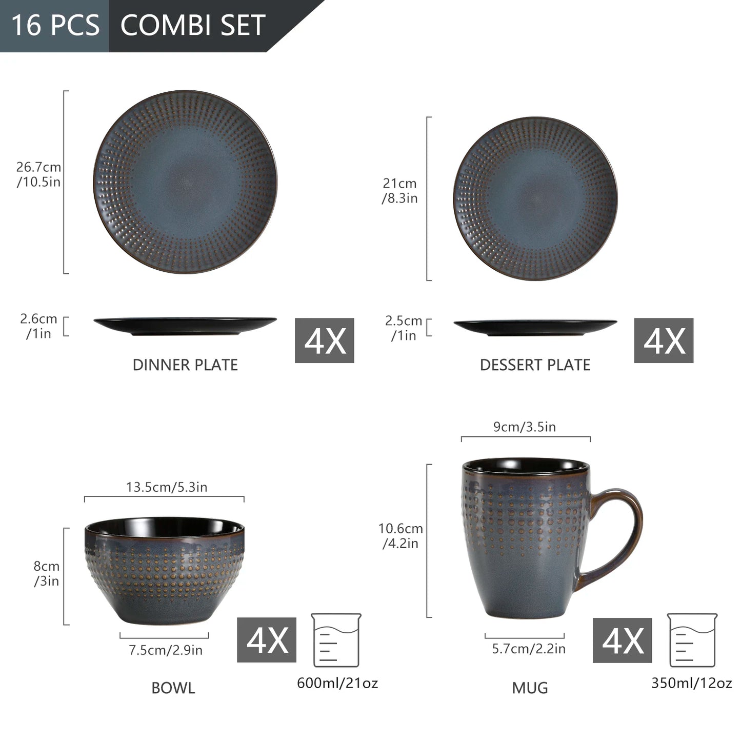 Vancasso 4-32 Piece Embossed Relief Stoneware Tableware Set with Dinner/Dessert Plate/Soup Bowl/Mug Service for 4/8/12