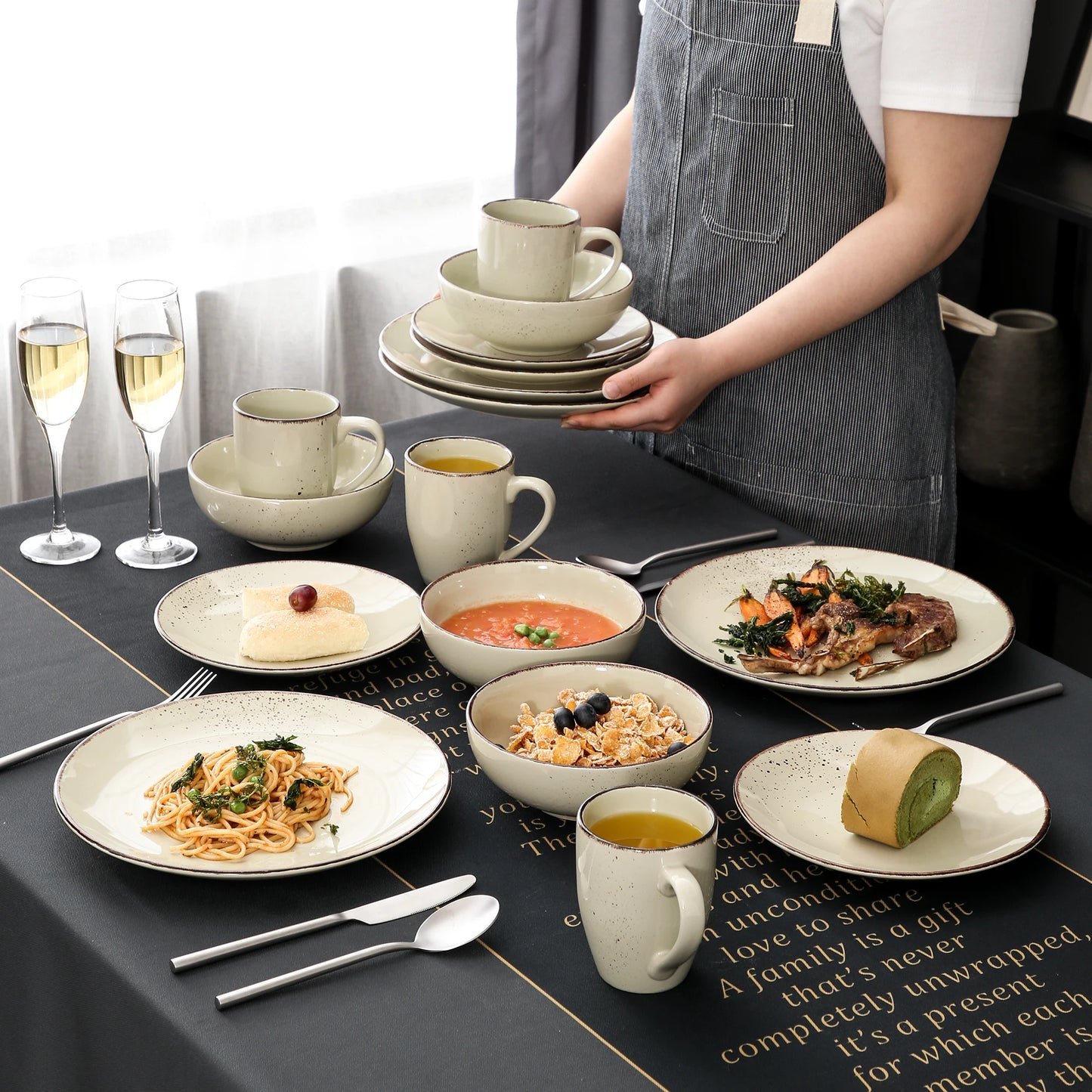 Vancasso 4/8/16-Piece Ceramic Beige Stoneware Dinnerware Set with Dinner Plate, Dessert Plate, 800ml Bowl, Mug Tableware Set