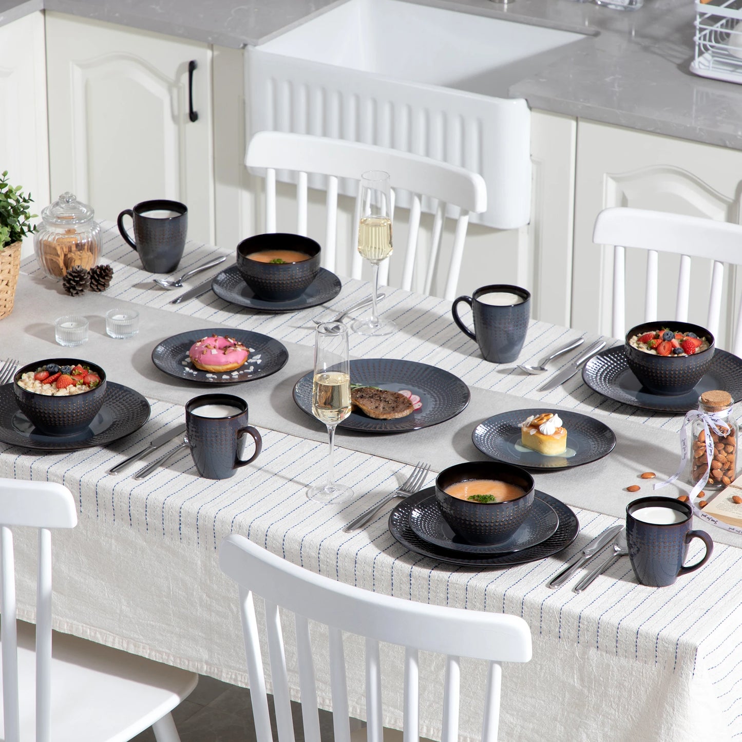 Vancasso 4-32 Piece Embossed Relief Stoneware Tableware Set with Dinner/Dessert Plate/Soup Bowl/Mug Service for 4/8/12