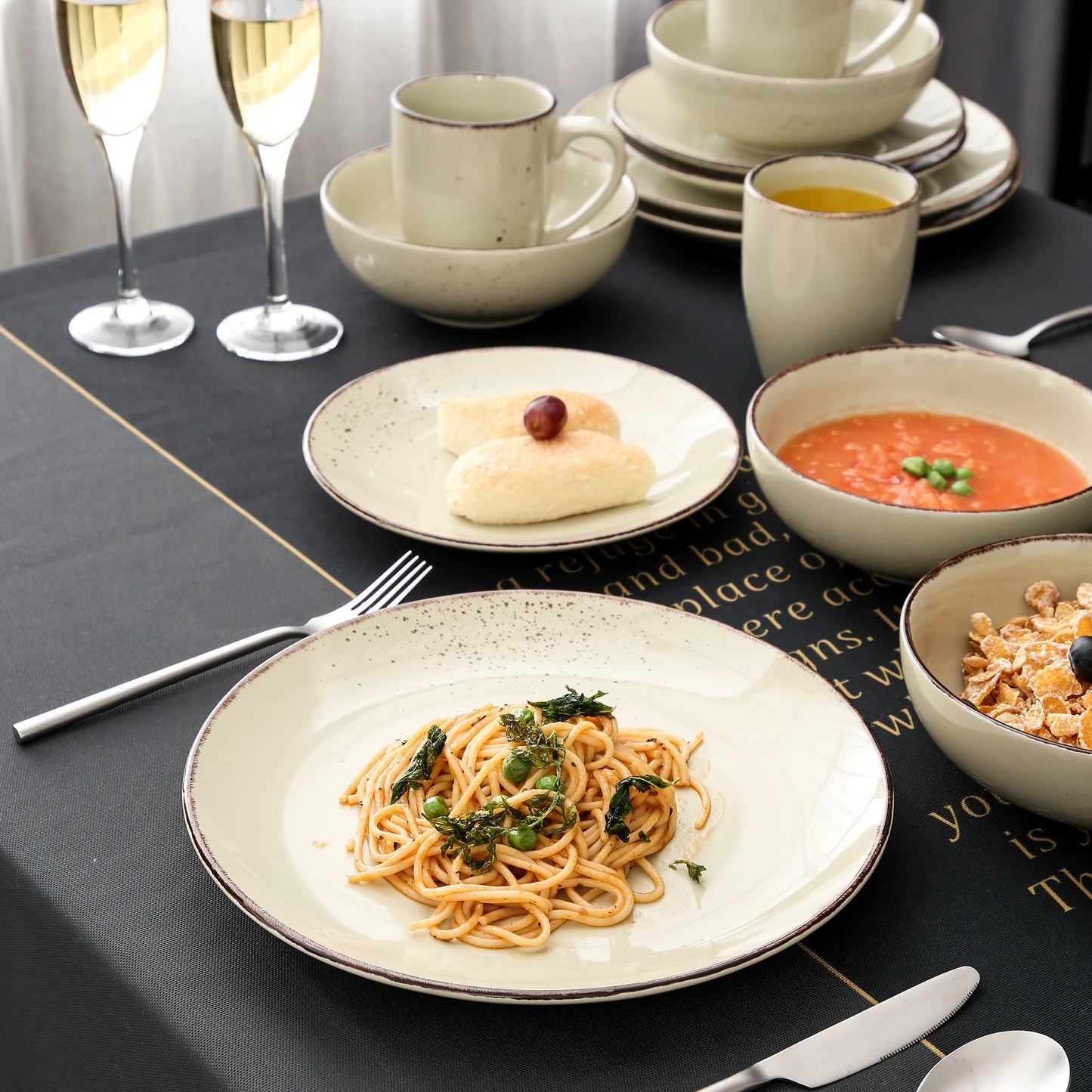 Vancasso 4/8/16-Piece Ceramic Beige Stoneware Dinnerware Set with Dinner Plate, Dessert Plate, 800ml Bowl, Mug Tableware Set
