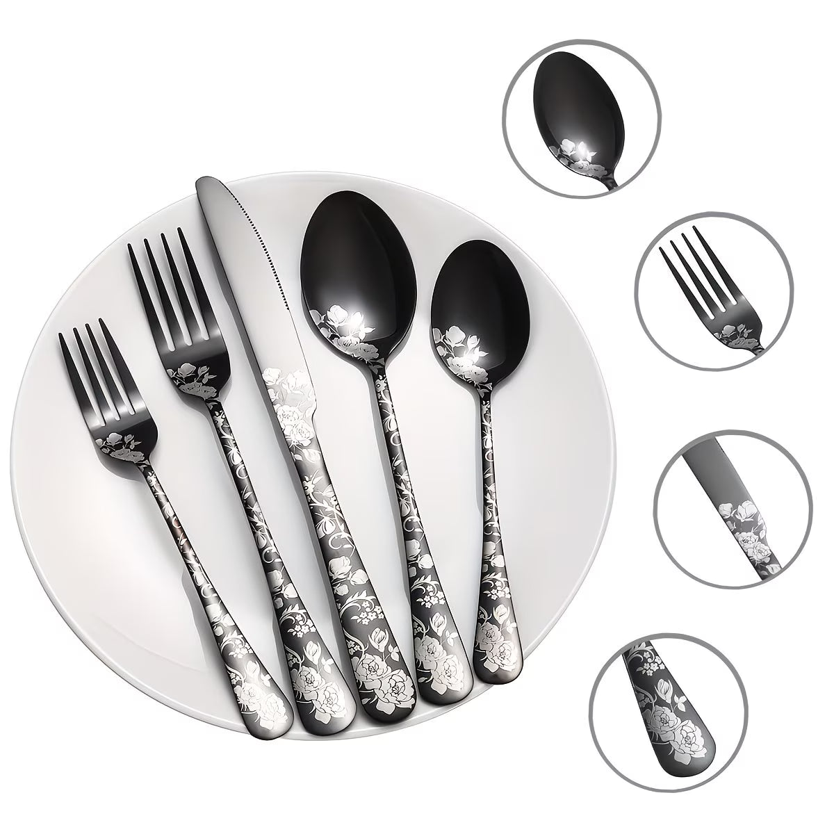 20 Pieces of Stainless Steel Tableware Set with Floral Pattern