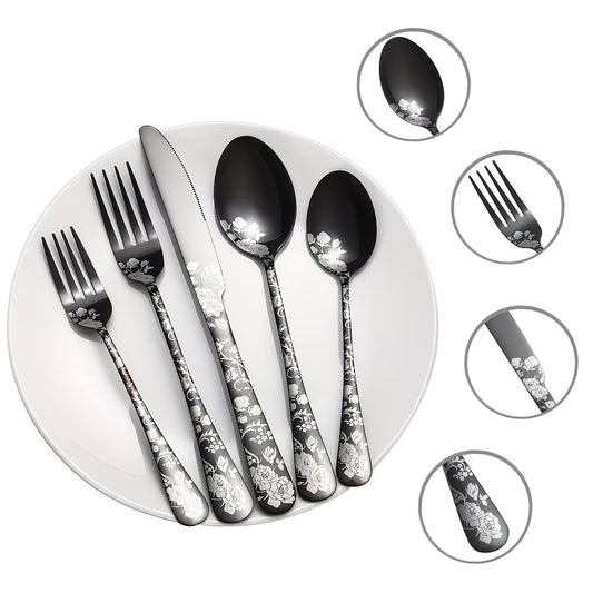 20 Pieces of Stainless Steel Tableware Set with Floral Pattern