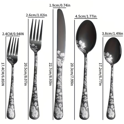 20 Pieces of Stainless Steel Tableware Set with Floral Pattern
