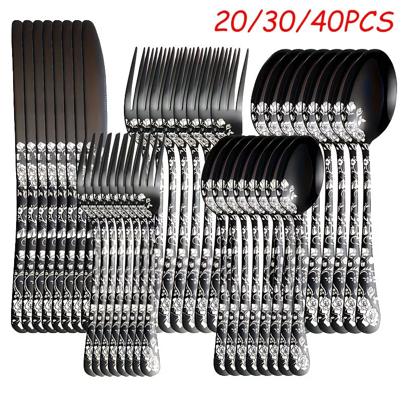 20 Pieces of Stainless Steel Tableware Set with Floral Pattern