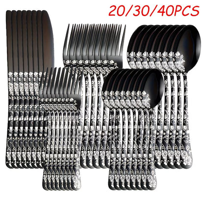 20 Pieces of Stainless Steel Tableware Set with Floral Pattern