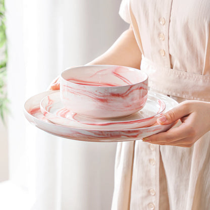 MALACASA 12-Piece Pink Marble Ceramic Dinnerware Set with 3 Pcs Dinner/Dessert Plates,Bowl Tableware Set Service for 3