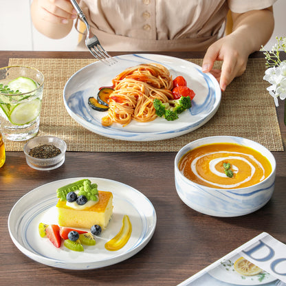 MALACASA 12-Piece Blue Marble Ceramic Dinnerware Set with 3 Pcs Dinner/Dessert Plates,Bowl Tableware Set Service for 3