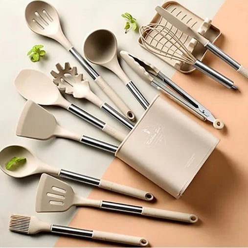 13 PCS Silicone Kitchen Utensil Set Stainless Steel Handles / Storage Bucket