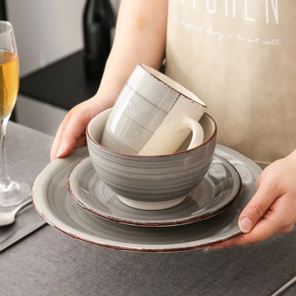 Vancasso 4-16 Pieces Porcelain Dinner Set Grey Vintage Ceramic Tableware Set with Dinner Plate,Dessert Plate,Bowl,Mug