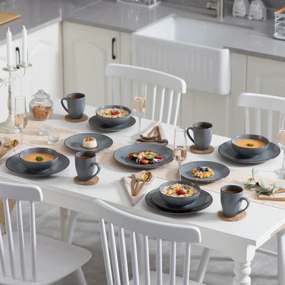 VANCASSO MODA Series 4-16 Piece Pottery Dinner Set Grey Stoneware Tableware Set with Dinner Plate,Dessert Plate,Bowls,Cups