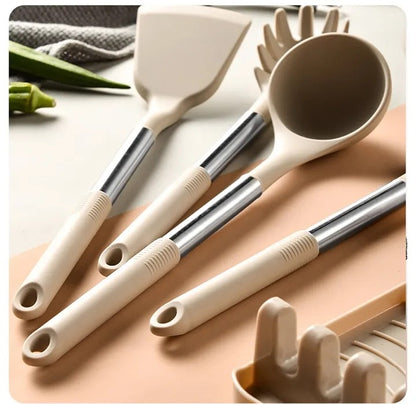 13 PCS Silicone Kitchen Utensil Set Stainless Steel Handles / Storage Bucket