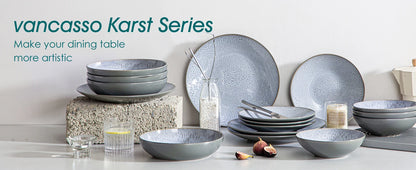 vancasso 4-16 Piece Embossed Stoneware Tableware Set with 4PCS Dinner/Dessert Plate/Soup Bowl for 4/8/12 person