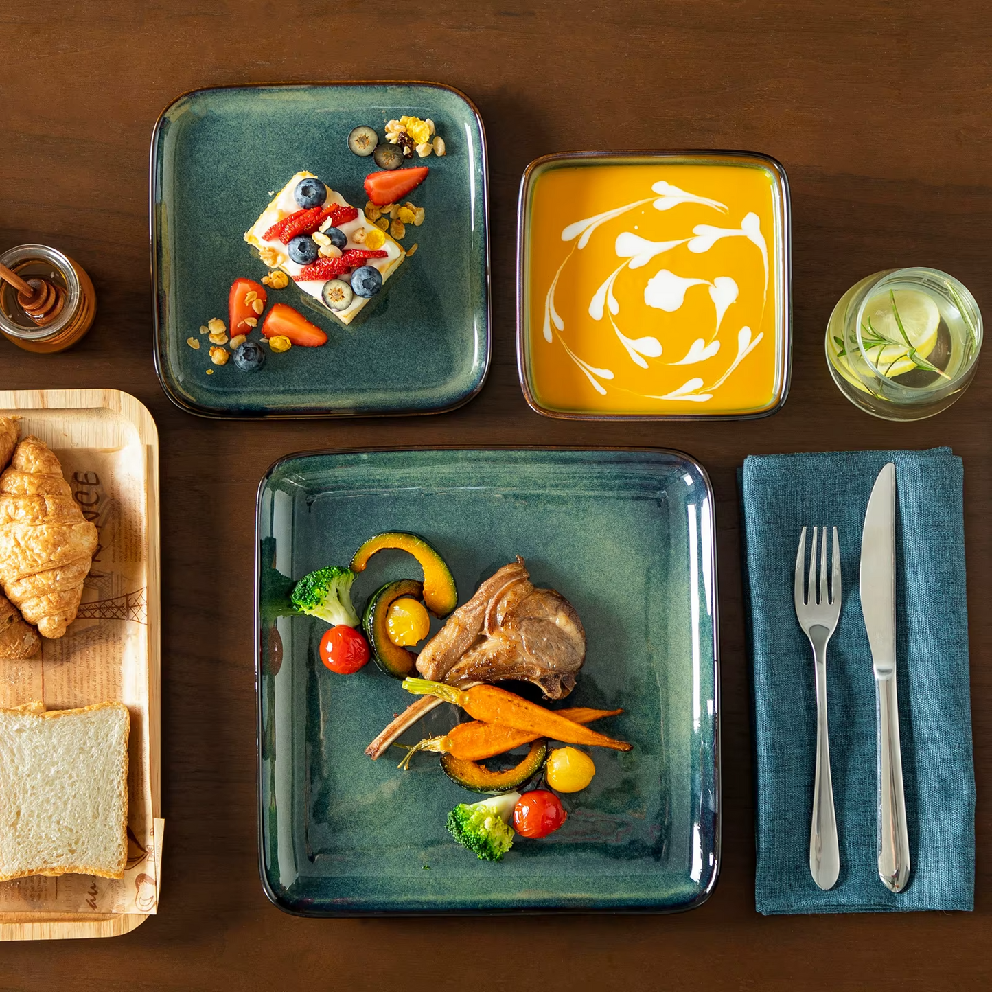 Vancasso 12 / 24 Piece Ceramic Dinner Sets Square Green Reactive Glaze