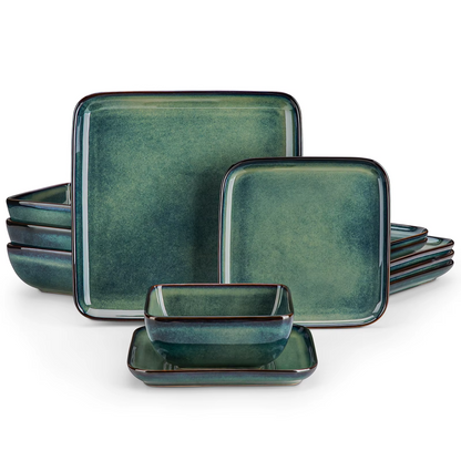Vancasso 12 / 24 Piece Ceramic Dinner Sets Square Green Reactive Glaze