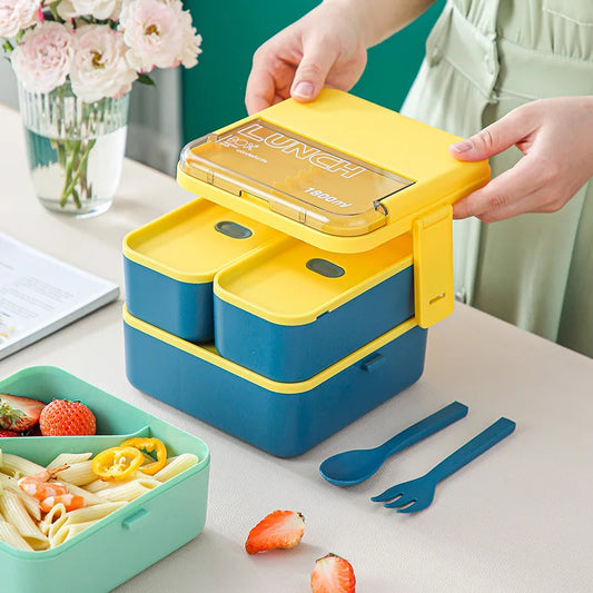 Double Layer Portable Lunch Box for Kids with Cutlery Microwave Sealed Bento Boxes Dinnerware Set Food Storage Container