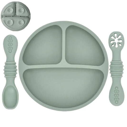 Baby / Toddler Tableware Silicone Baby Sucker Silicone Dining Plate Rice Spoon Set Cute Cartoon Children Dishes Smile Face Retro Kid Bowl