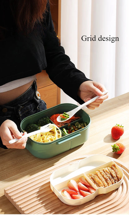1200ml 3 Grids Plastic Compartment Bento Boxes with Fork and Spoon Multiple Layers Kid's Lunch Box Office Worker Tuppers Food