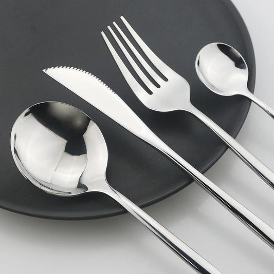 24Pcs Stainless Steel Dinnerware Set Kitchen Fork Spoon Knife Dinner Cutlery Set White Silver Western Flatware Tableware Set