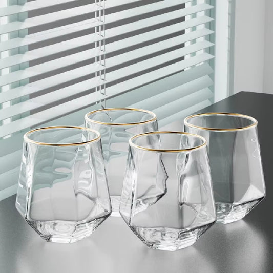 320ml 4pcs Set Hexagonal Cup Wine Utensils Unique Cold Drink Cup Golden Edged Glass Cup Coffee Juice Tea Cups Cafe