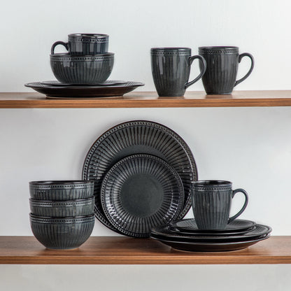 vancasso 4-16 Piece Relief Ceramic Plates Set Black Elegent Tableware set with up to 4 PCS Dinner Plate/Dessert/Cereal Bowl/Mug