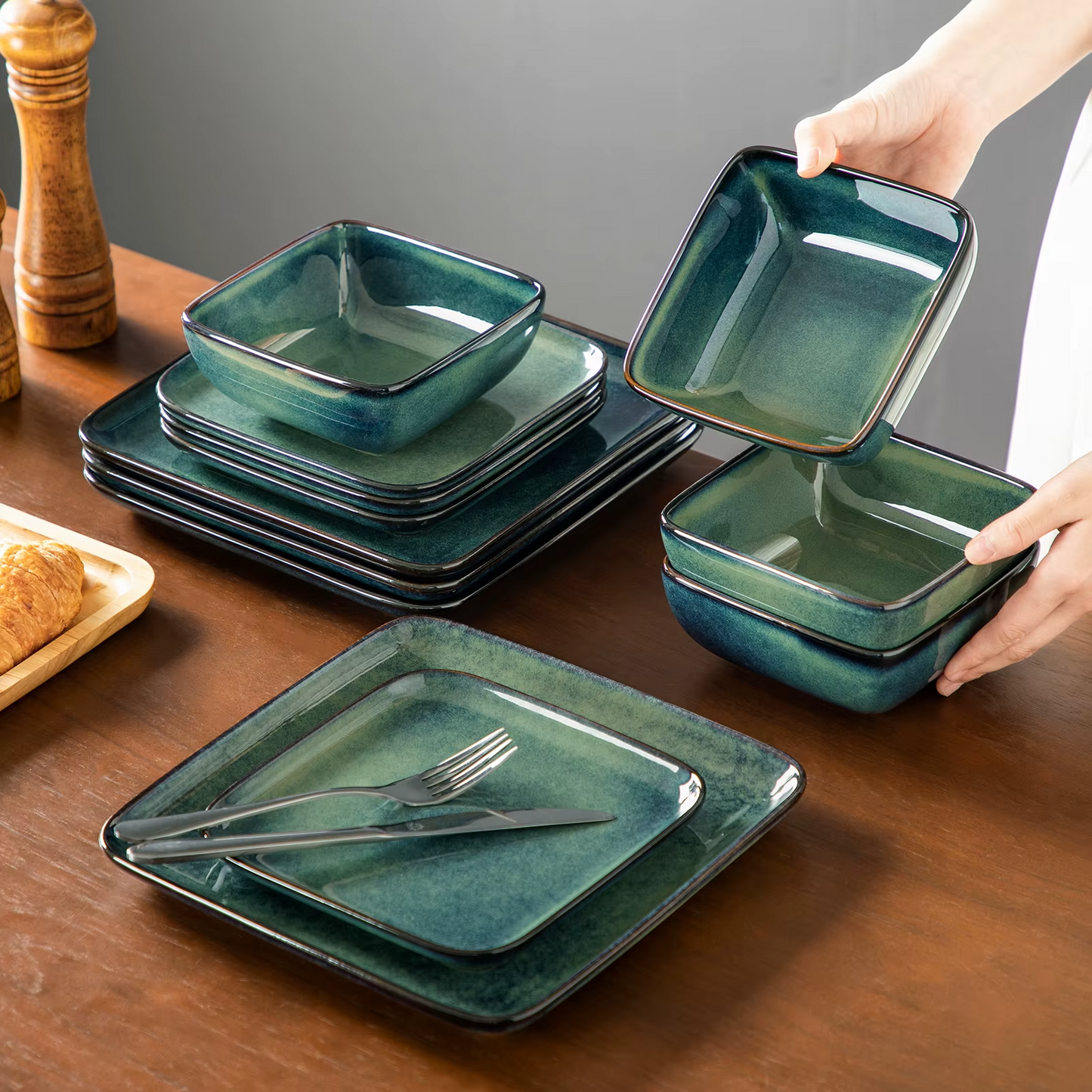 Vancasso 12 / 24 Piece Ceramic Dinner Sets Square Green Reactive Glaze