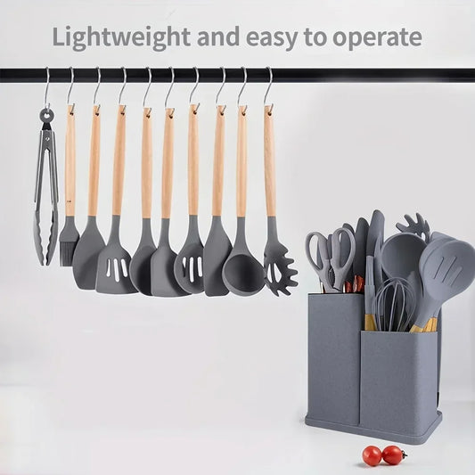 19 Pcs Non-Stick Silicone Kitchen Utensil Set Heat-Resistant Tools in Bamboo Storage