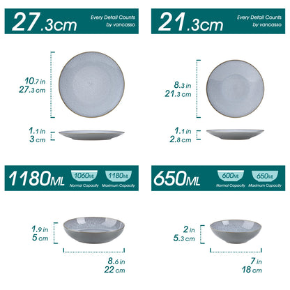 vancasso 4-16 Piece Embossed Stoneware Tableware Set with 4PCS Dinner/Dessert Plate/Soup Bowl for 4/8/12 person
