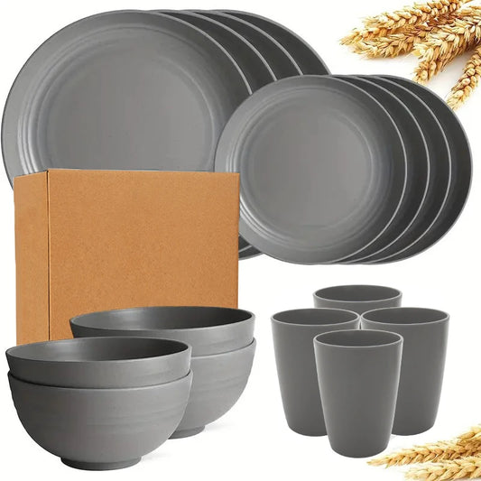 16 pieces tableware set, including (9.1-inch) plates, (7.8-inch) plates, dinner bowls and beverage cups.