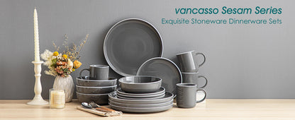 Vancasso 4-16 Piece Grey Stoneware Set Sesame Glaze Ceramic Dinnerware Set with Up To 4PCS Dinner/Dessert Plate/Soup Bowl/Mug