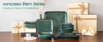 Vancasso 12 / 24 Piece Ceramic Dinner Sets Square Green Reactive Glaze