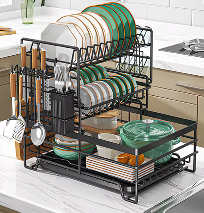 3-tier Dish Rack, Multifunctional Extra Large Dish Drying Rack, Large Capacity Dish Drainer With Cutting Board Holder Drain Boar