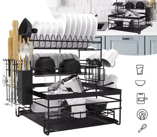 3-tier Dish Rack, Multifunctional Extra Large Dish Drying Rack, Large Capacity Dish Drainer With Cutting Board Holder Drain Boar