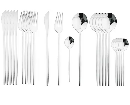 24Pcs Stainless Steel Dinnerware Set Kitchen Fork Spoon Knife Dinner Cutlery Set White Silver Western Flatware Tableware Set
