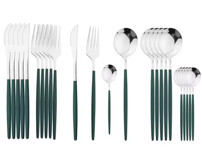 24Pcs Stainless Steel Dinnerware Set Kitchen Fork Spoon Knife Dinner Cutlery Set White Silver Western Flatware Tableware Set