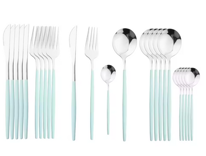 24Pcs Stainless Steel Dinnerware Set Kitchen Fork Spoon Knife Dinner Cutlery Set White Silver Western Flatware Tableware Set