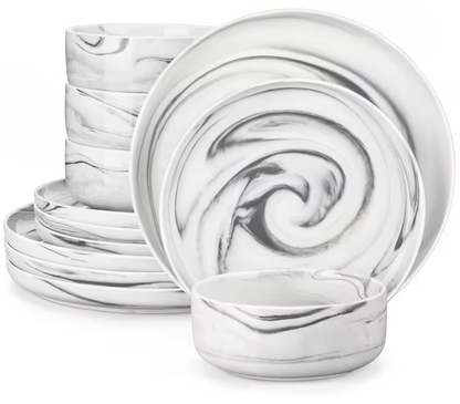 MALACASA 12-Piece Grey Marble Ceramic Dinnerware Set with 3 Pcs Dinner/Dessert Plates,Bowl Tableware Set Service for 3