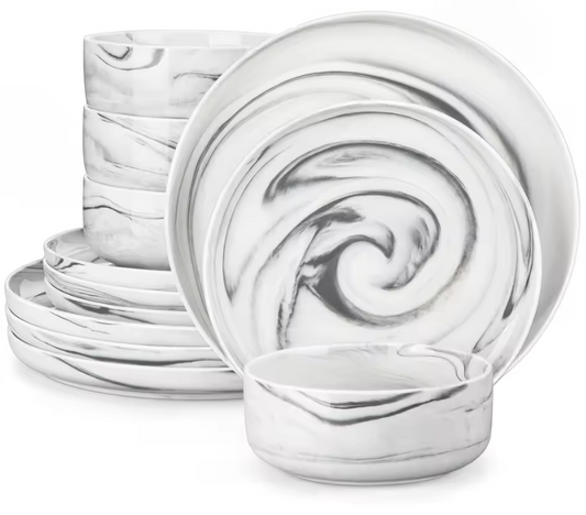 MALACASA 12-Piece Grey Marble Ceramic Dinnerware Set with 3 Pcs Dinner/Dessert Plates,Bowl Tableware Set Service for 3