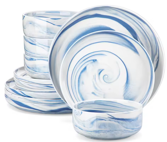 MALACASA 12-Piece Blue Marble Ceramic Dinnerware Set with 3 Pcs Dinner/Dessert Plates,Bowl Tableware Set Service for 3