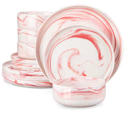 MALACASA 12-Piece Pink Marble Ceramic Dinnerware Set with 3 Pcs Dinner/Dessert Plates,Bowl Tableware Set Service for 3