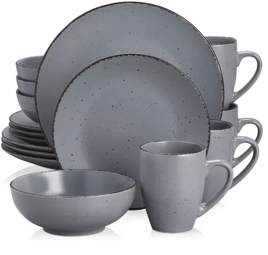 VANCASSO MODA Series 4-16 Piece Pottery Dinner Set Grey Stoneware Tableware Set with Dinner Plate,Dessert Plate,Bowls,Cups