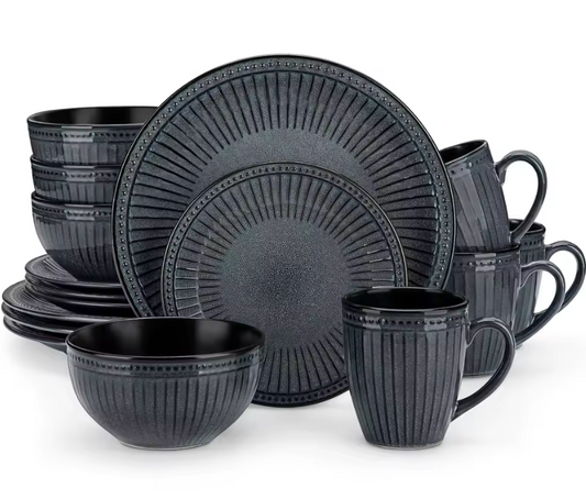 vancasso 4-16 Piece Relief Ceramic Plates Set Black Elegent Tableware set with up to 4 PCS Dinner Plate/Dessert/Cereal Bowl/Mug