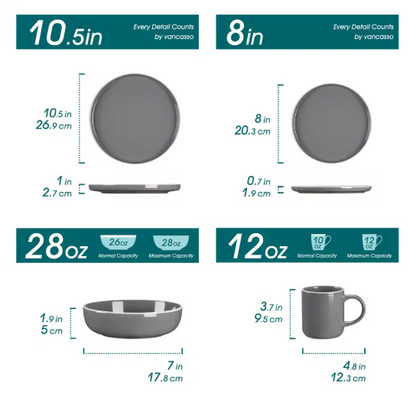 Vancasso 4-16 Piece Grey Stoneware Set Sesame Glaze Ceramic Dinnerware Set with Up To 4PCS Dinner/Dessert Plate/Soup Bowl/Mug