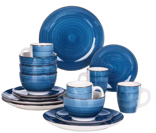 vancasso 4-16 PCS Porcelain Dinner Set Blue Vintage Look Ceramic Plate Set with Dinner Plate,Dessert Plate,Bowl,Mug Set