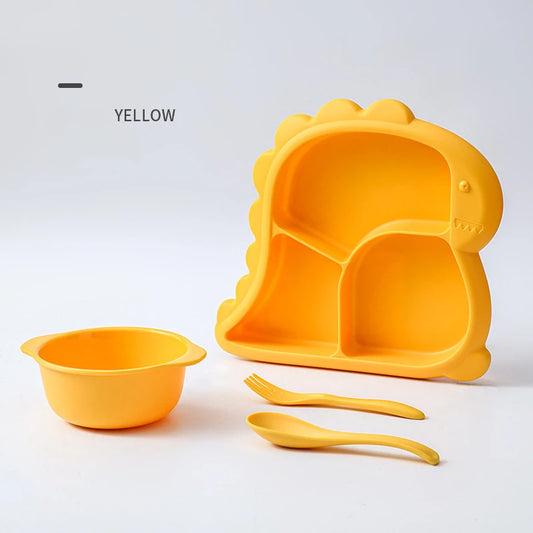 Dinosaur baby dinner plate 1 Set large capacity three compartments spoon and fork all-in-one dinner plate nutritional balance