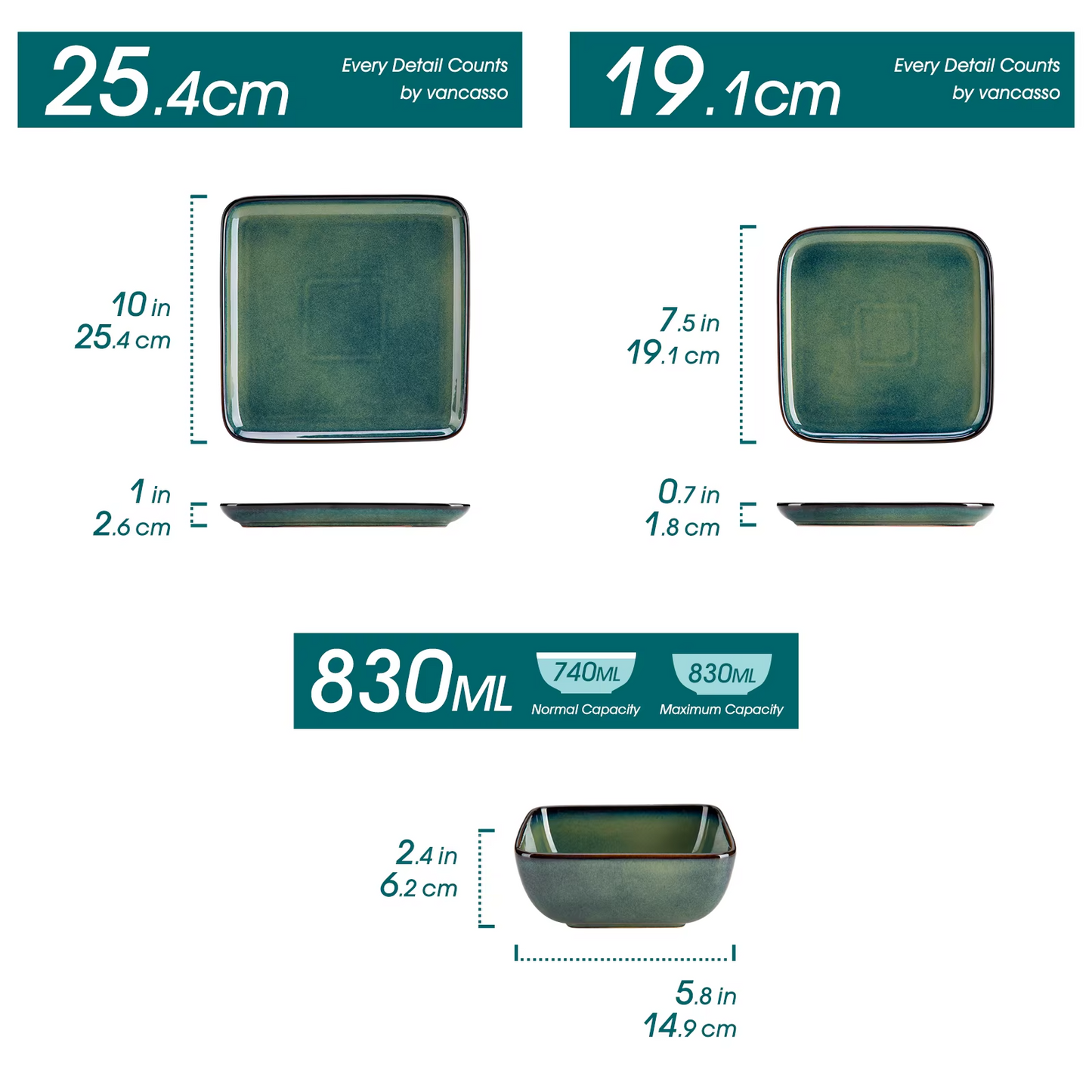 Vancasso 12 / 24 Piece Ceramic Dinner Sets Square Green Reactive Glaze