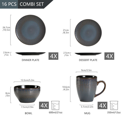 Vancasso 4-32 Piece Embossed Relief Stoneware Tableware Set with Dinner/Dessert Plate/Soup Bowl/Mug Service for 4/8/12